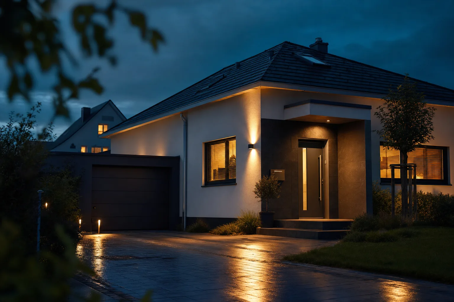 Wohnhaus in der Abenddämmerung mit beleuchteter Fassade und warm erleuchteten Fenstern