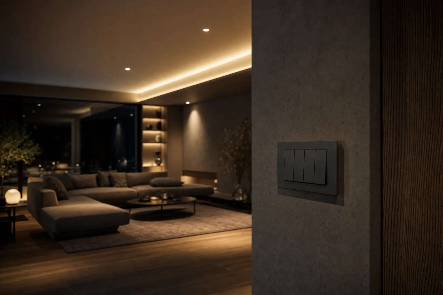 Wohnraum bei Nacht mit indirekter LED-Beleuchtung und flächigem Schalter an der Wand