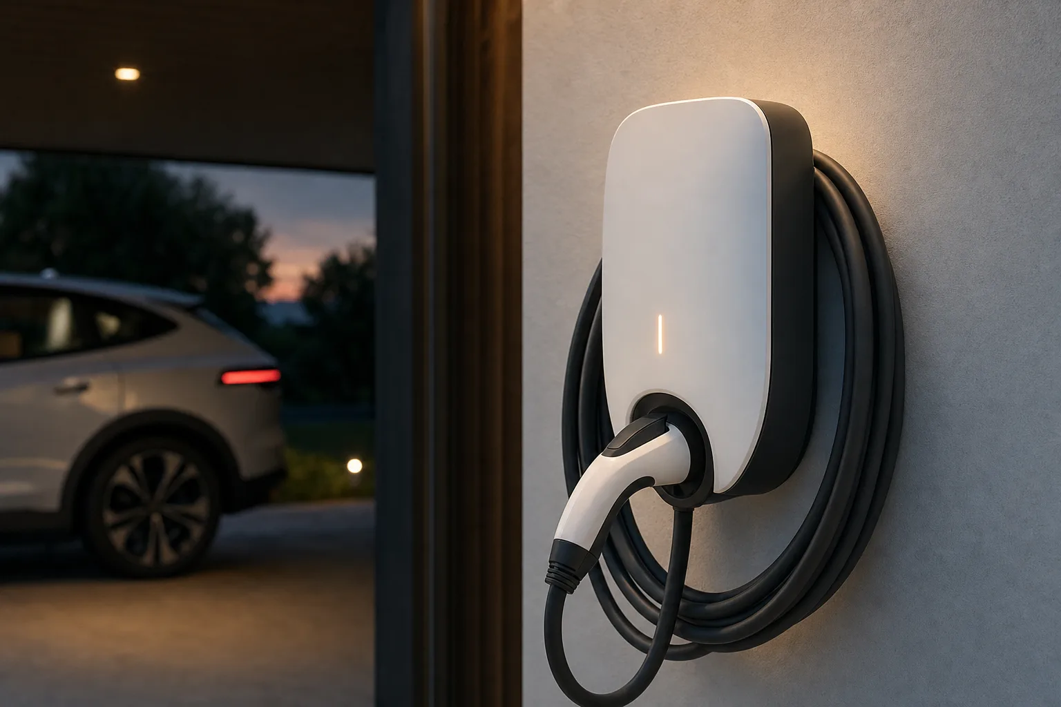 Wandladestation für ein Elektroauto an einer Hauswand, Ladekabel aufgehängt